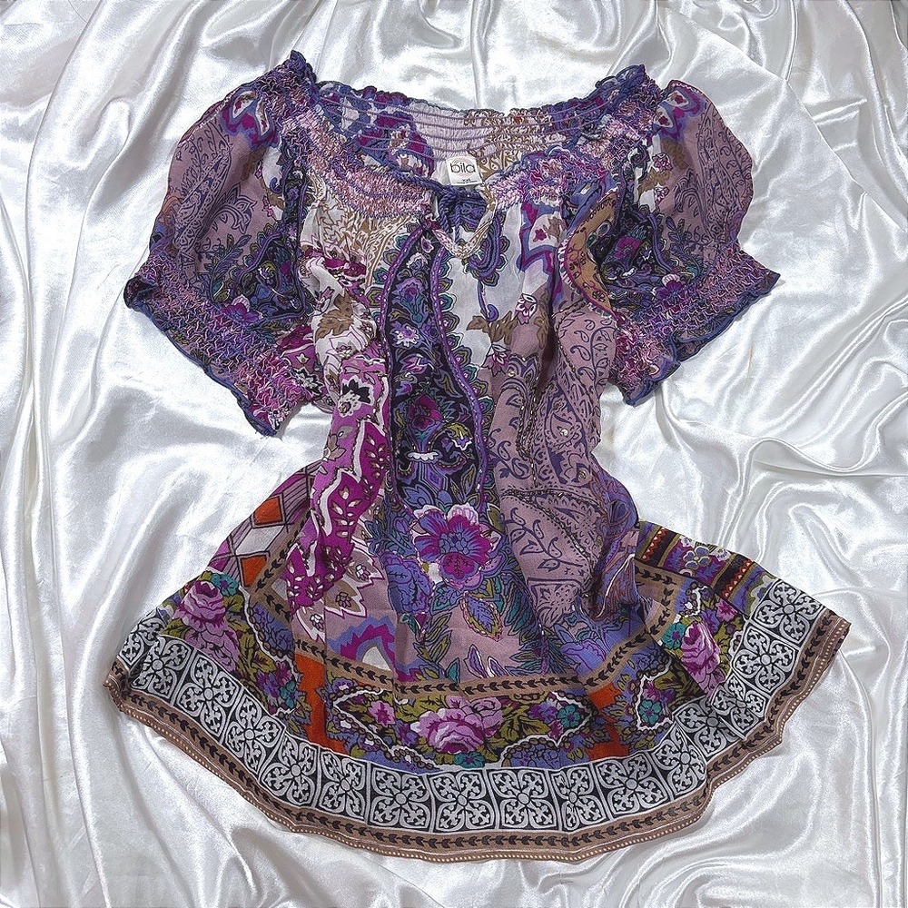 Vintage Bila Peasant Top Purple Excellent Paisley Smocked Sequin Boho Blouse XXL